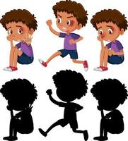 conjunto de un personaje de dibujos animados de niño en diferentes posiciones con su silueta vector