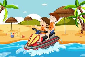 Beach scene with children driving a jet ski vector