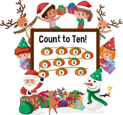 Count to ten number board with many kids in christmas theme