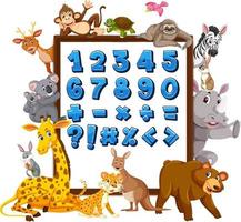 Number 0 to 9 and math symbols on banner with wild animals vector