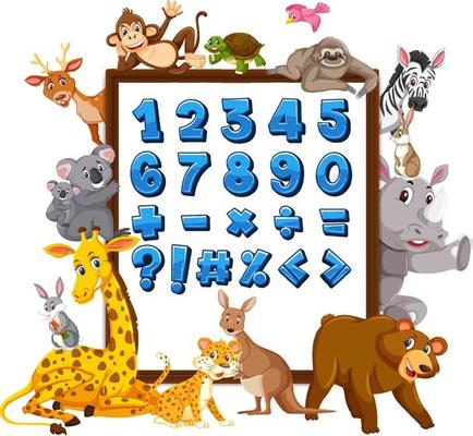 Number 0 to 9 and math symbols on banner with wild animals