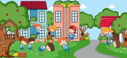 Outdoor scene with many kids playing at playground vector