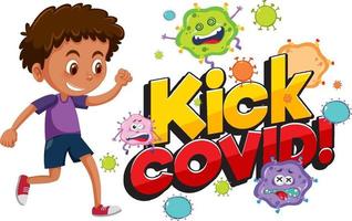 patear la fuente covid con un niño que intenta patear el personaje de dibujos animados de coronavirus vector