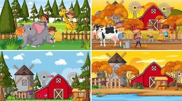 Set of different nature scenes cartoon style vector