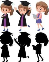 Set of a girl wearing graduation gown in different positions with its silhouette vector