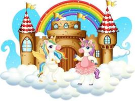 Many cute unicorns cartoon character with castle on the cloud vector