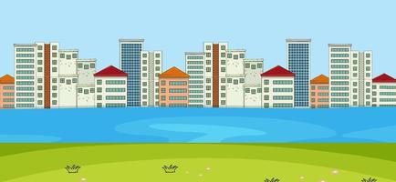 Horizontal scene with river and cityscape background vector