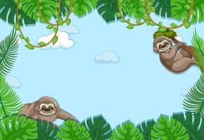 Empty tropical leaves frame banner with sloth cartoon character vector