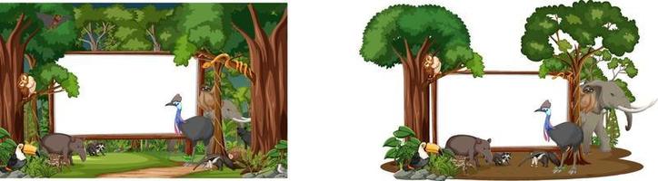 Banner vacío con animales salvajes y árboles de la selva. vector