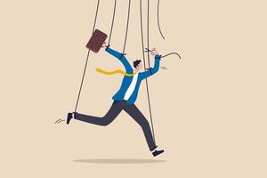 Freedom for work and decision making, authority to work independently, stop micromanagement, or people manipulation concept, businessman marionette, puppeteer use scissors to cut controlled strings. vector