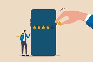 Customer experience or customer review by giving rating 5 stars, feedback from people who use service or application concept