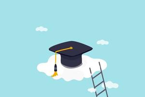 High education, cost and expense to graduate high degree education concept, graduation cap on high cloud with ladder. vector