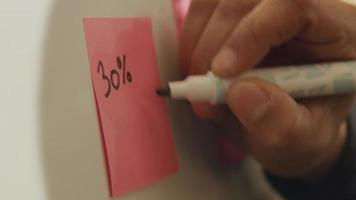 Extreme close up of hand of black man, writing with marker on pasted pink paper on white board video