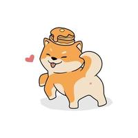 Cute shiba inu dog with pancake on his head cartoon, vector illustration