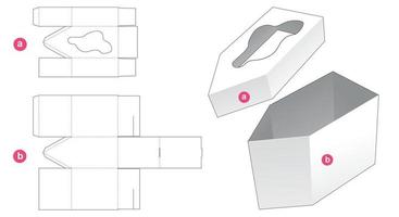 Tall chamfered box with lid which has freeform window die cut template vector