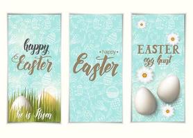 conjunto de banners de Pascua de saludo. etiquetas con huevos en la hierba, letras de moda hechas a mano felices pascuas. búsqueda de huevos y patrón con símbolos pascuales en estilo boceto. pancarta, volante, folleto. vector