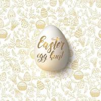 Easter egg with hand made trendy lettering Easter egg hunt on seamless pattern with golden paschal symbols in sketch style. For banner, flyer, brochure. Object for holidays, postcards, websites vector