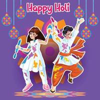 Holi Greetings with joyful Dancers in a celebrative background vector