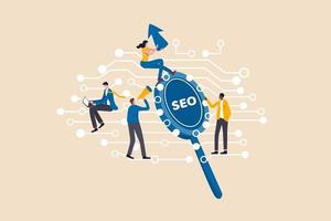 marketing digital, seo, optimización de motores de búsqueda o redes sociales para involucrar al concepto de usuario en línea, jóvenes, trabajador de la agencia de publicidad que trabaja en internet y línea digital con lupa seo vector