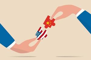 United States and China trade war negotiation, globalization deal between world leading country concept, businessman leader holding jigsaw with China and US flag to put it together. vector