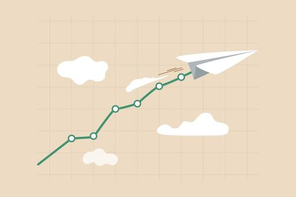 Stock market soaring, business earning growth, economic prosperity concept, paper plane pulling line graph up rising into the clouds.