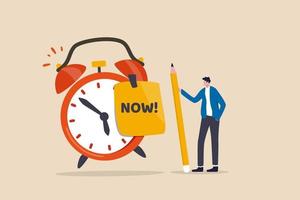 Stop procrastination, do it now or decision to finish work or appointment in time concept, confidence businessman holding pencil after he wrote the word Now on note and stick it on ringing alarm clock vector