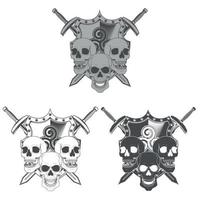 Grayscale shield skulls and swords vector design