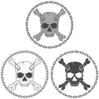 Demonic skull vector design with bones surrounded by chains, in black and white.