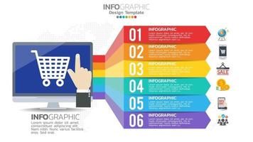 Infografía de compras en línea con diseño de gráfico de negocio de diagrama de gráfico de elemento de 6 pasos. vector