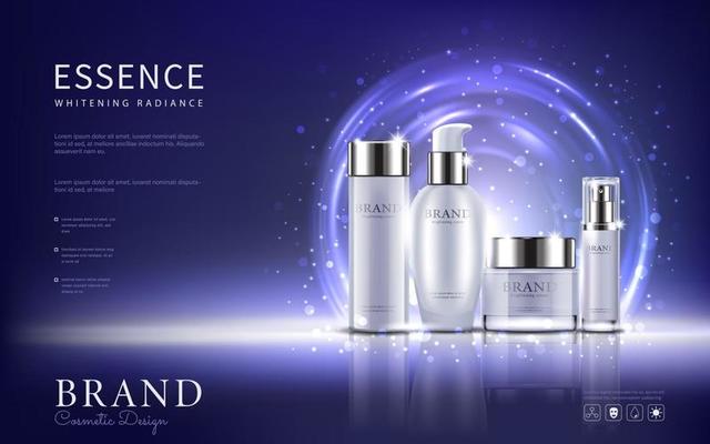 Set cosmetic ads, white package design on light blue background, vector illustration.