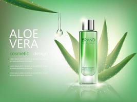 vector bottle aloe vera cosmetic mockup on green background, with your brand, ready for print ads or magazine design. Transparent and shine, realistic 3d style