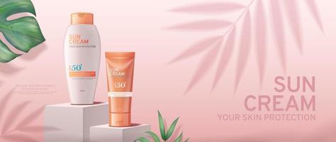 Realistic Sunscreen advertisement editable banner with tropical leaves vector