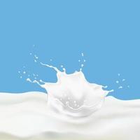 Gota de leche realista abstracta con salpicaduras aisladas sobre fondo azul. ilustración vectorial
