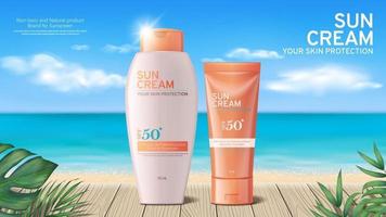 Realistic Sunscreen advertisement editable banner with tropical leaves vector