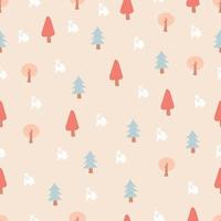 Vector seamless pattern with winter forest, rabbit and snow. Winter seasonal design background. Design for fabric, textile, wallpaper, background, print, wrapping, paper, packaging. Vector illustration.