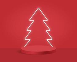 Empty cylinder podium on minimal background with Christmas tree. Abstract minimal scene with geometrical forms. Design for product presentation. 3d vector illustration.