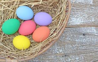 Easter eggs in a nest on a wooden background