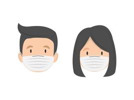 Hombre y mujer en máscara médica aislada sobre fondo blanco, aviso de señal de seguridad, ilustración vectorial vector