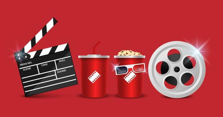 Cinema background concept, movie theater object isolated on red background, vector illustration