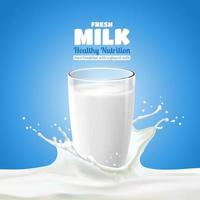 Realistic transparent glass of milk splashing on a blue background vector