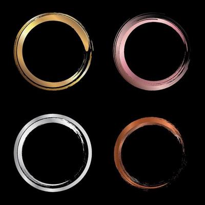 Set of golden, pink gold, silver, copper metallic circle brush strokes for frames design elements isolated on black background