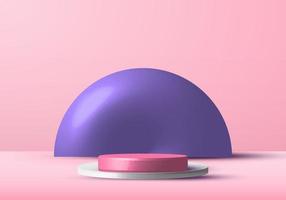 3D realistic pink and white rendering podium studio stage for display showcase with purple circle background. vector