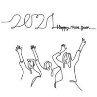 Happy men and women welcome the new year continuous one line drawing. Male and female in New Year party concept isolated on white background. Celebrating the 2021 New Year. vector illustration
