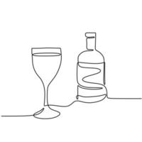 Continuous one line drawing of a wine bottle and a glass linear sketch isolated on white background. Champagne bottle with a glass for celebration party. Minimalist design. Vector illustration