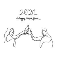 One continuous line drawing of two young woman holding a champagne bottle and cheering to welcome the 2021 New year. Celebration New Year concept isolated on white background. Vector illustration