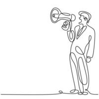 Continuous one line drawn a man holding a loudspeaker and speak eagerness shouting loudly. The concept of announcement, warning, oratory, loud statement, publicity. Character male in public speaking vector