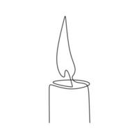 One continuous line drawing of candle lighted. Burning fire and melting candle isolated on white background. Light in the dark concept black outline design. Minimalism style. Vector illustration