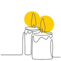 Hermosas velas de dibujo continuo de una línea. dos velas encendidas y fundidas. Dibujado a mano de un par de velas de diseño minimalista sobre fondo blanco. ilustración vectorial aislada vector