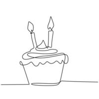 Birthday cupcake with candle one continuous line drawing isolated on white background. Surprise birthday cake in minimalism design. Tasty and delicious concept. Vector illustration