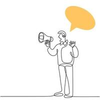 Continuous one line drawn a man holding a loudspeaker and speak with blank speech bubble. The concept of announcement, warning, oratory, loud statement, publicity. Character male in public speaking vector